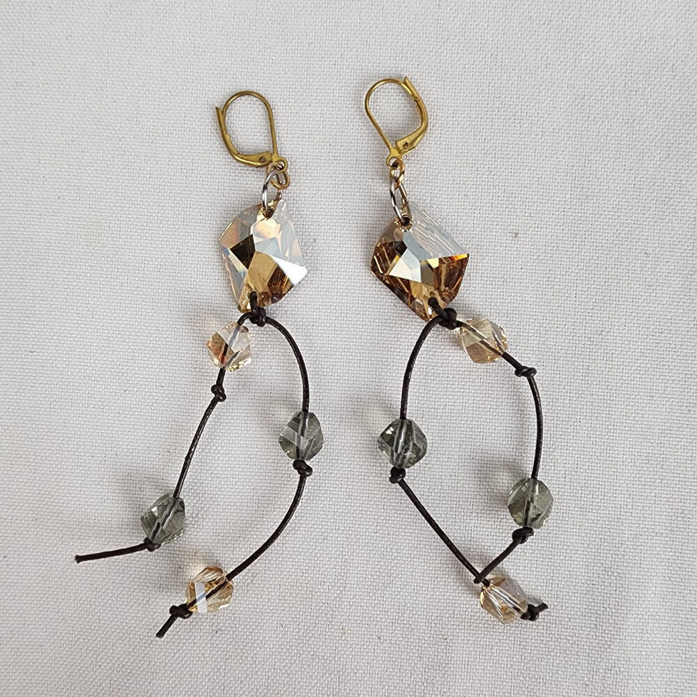 Vintage Crystal Dangle Earrings with Smoky Quartz and Golden Accents